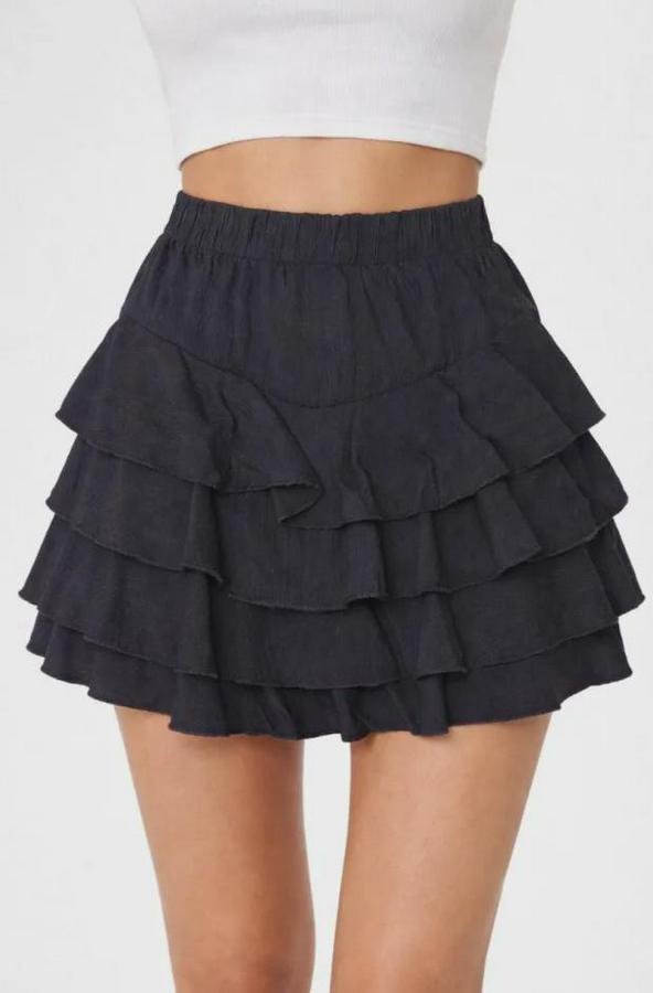 Siyah Katlı Mini Fırfıtlı Etek Lastikli Yüksel Bel, Volanlı Tasarım, Rahat Kalıp, Günlük Ve Şık Kombinelere Uygun Yazlık Etek