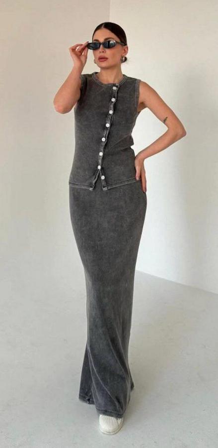 Uzun Etekli Önü Düğmeli Badi Ikili Takım- Antrasit