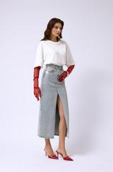Varak Baskılı Yırtmaçlı Maxi Denim Etek