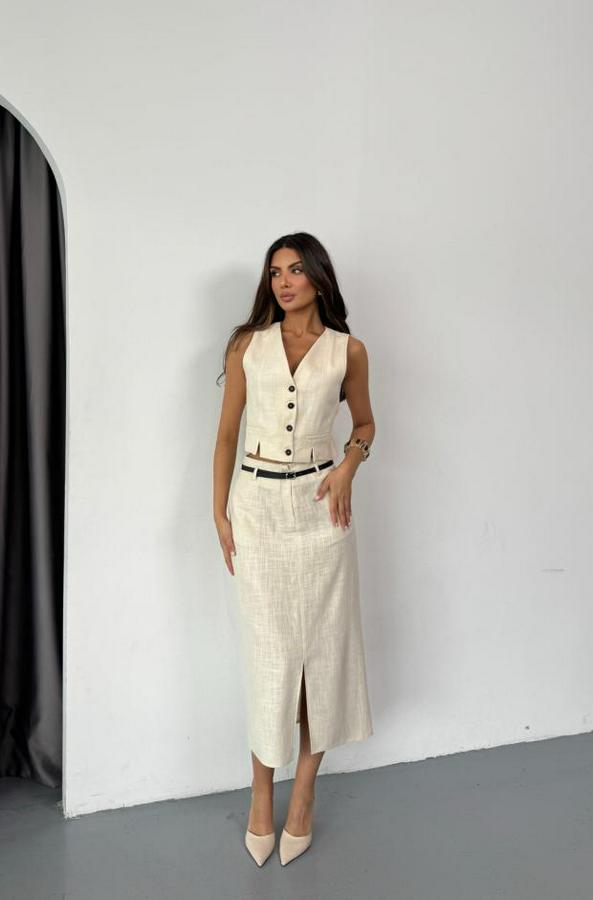 Yelek-Önden Yirtmaçli Etek Tk Şantuk Keten