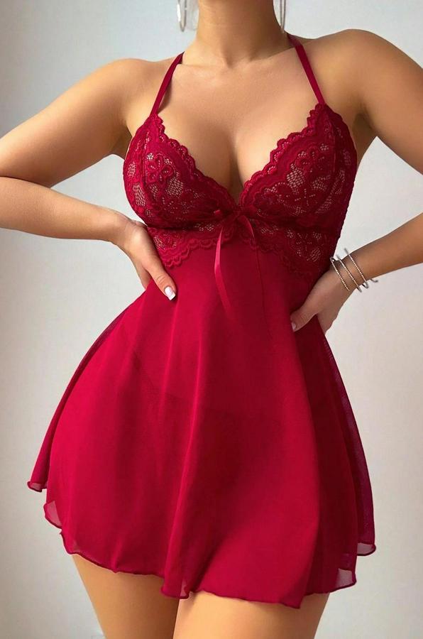 Kırmızı A Kalıp Dantel Detaylı Mini Gecelik 