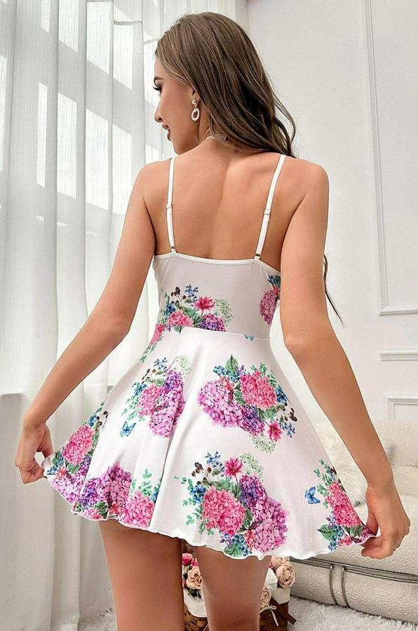 Beyaz Pırıltı Çiçekli Askılı Mini Gecelik 