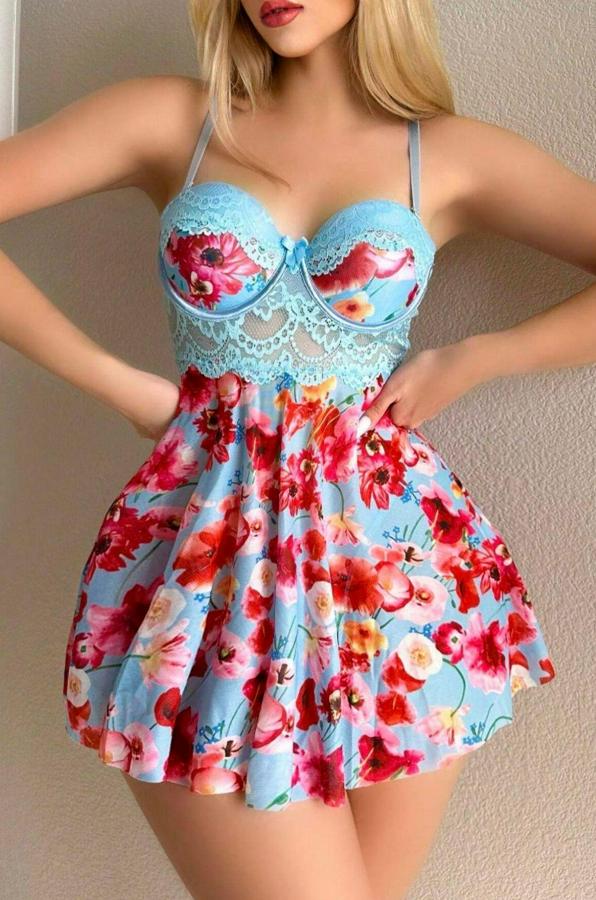 Mavi Rüya Gecesi Çiçekli Askılı Mini Gecelik 