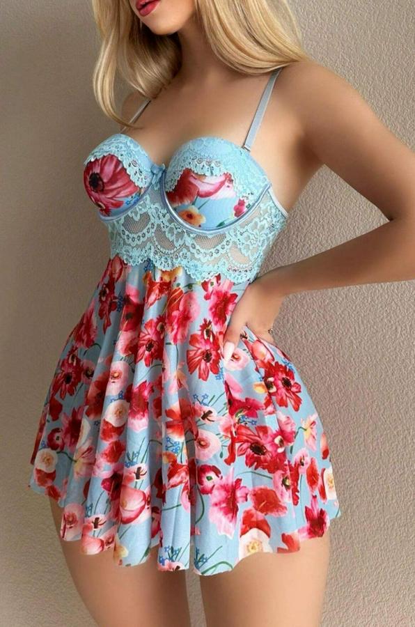 Mavi Rüya Gecesi Çiçekli Askılı Mini Gecelik 