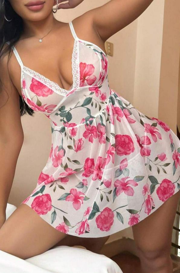 Pembe Çiçek Desenli Dantel Detaylı Gecelik 