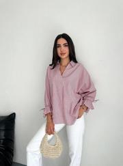 Arkası Asimetrik Yırtmaç Kesim Detaylı Cizgili Bluz Gömlek