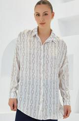 Bej Beyaz Desenli Oversize Saten Gömlek 3985
