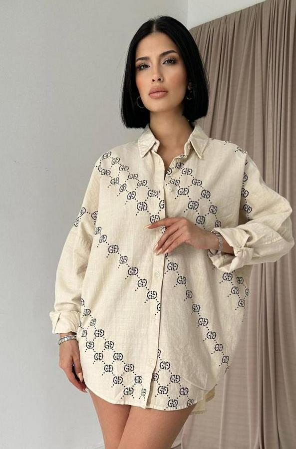 Bej Boyamalı Keten Baskılı Taşlı Gömlek