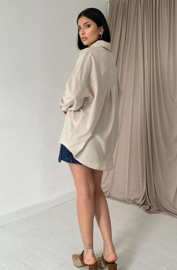 Bej Boyamalı Keten Baskılı Taşlı Gömlek