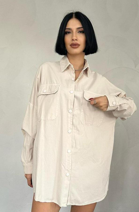 Bej Çift Cep Kapaklı Çıtçıtlı Gömlek