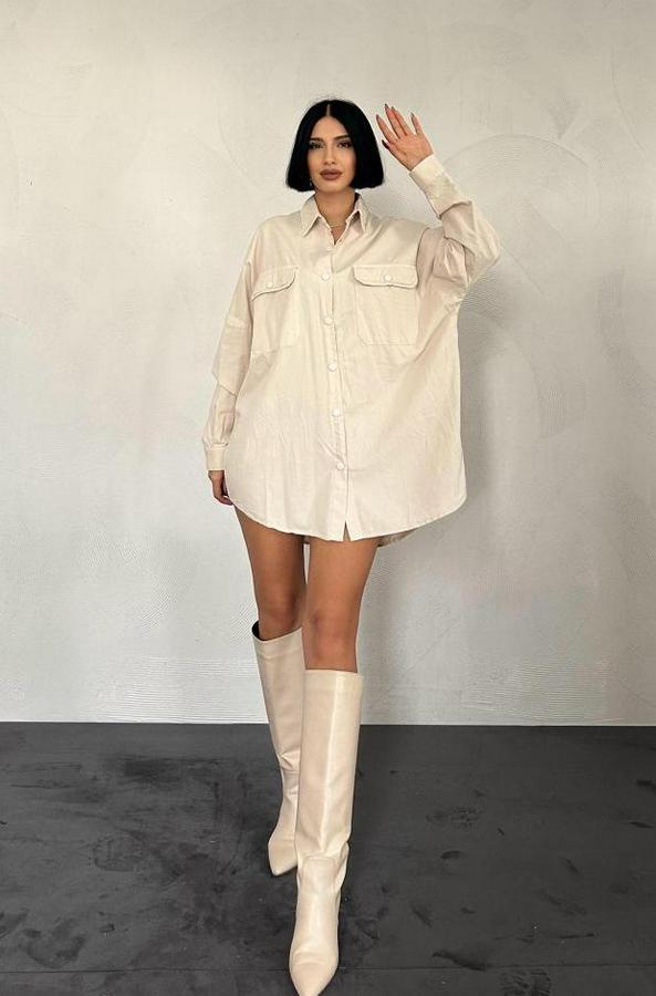 Bej Çift Cep Kapaklı Çıtçıtlı Gömlek