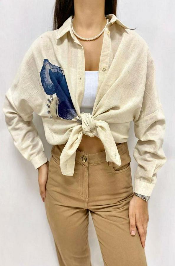 Bej Taş Işlemeli Keten Gömlek