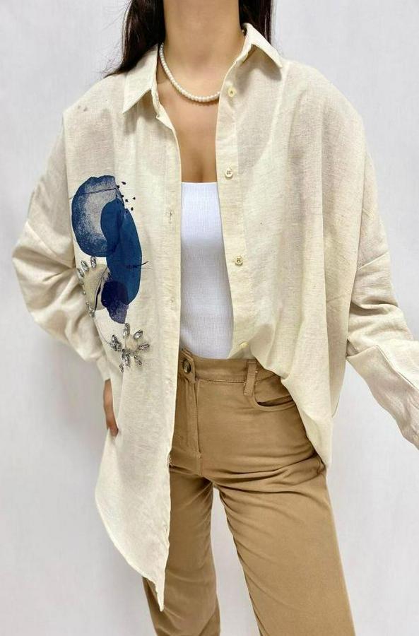 Bej Taş Işlemeli Keten Gömlek