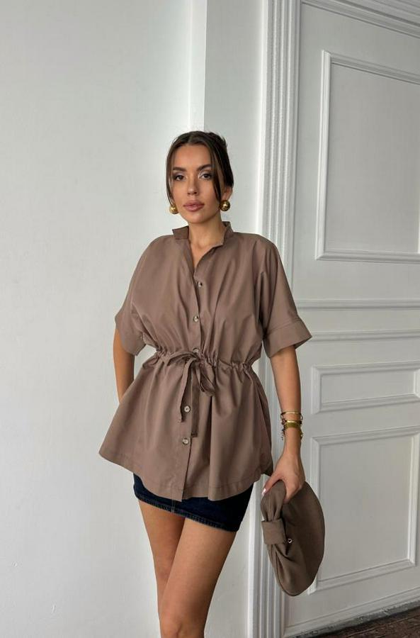 Bel Büzgü Detayli Poplin Gömlek