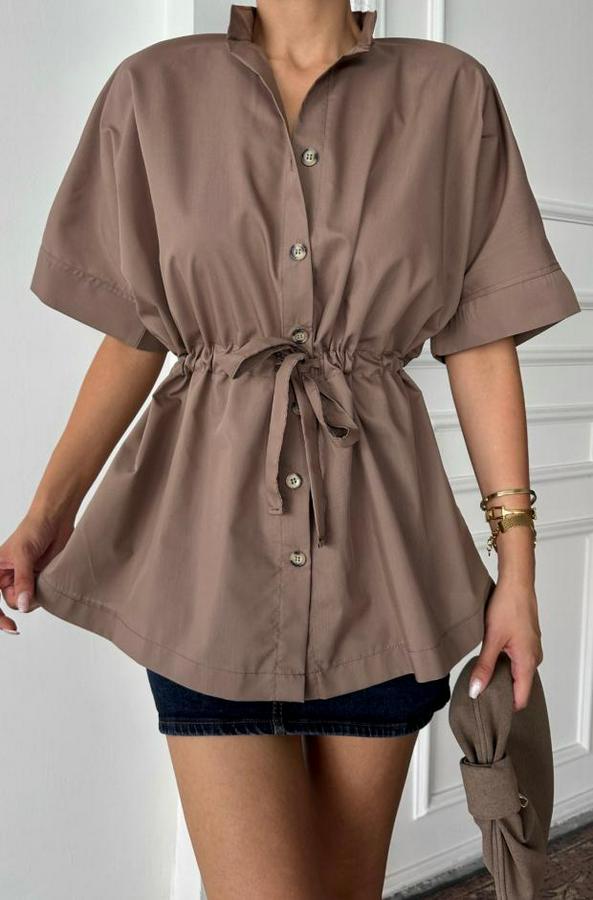 Bel Büzgü Detayli Poplin Gömlek