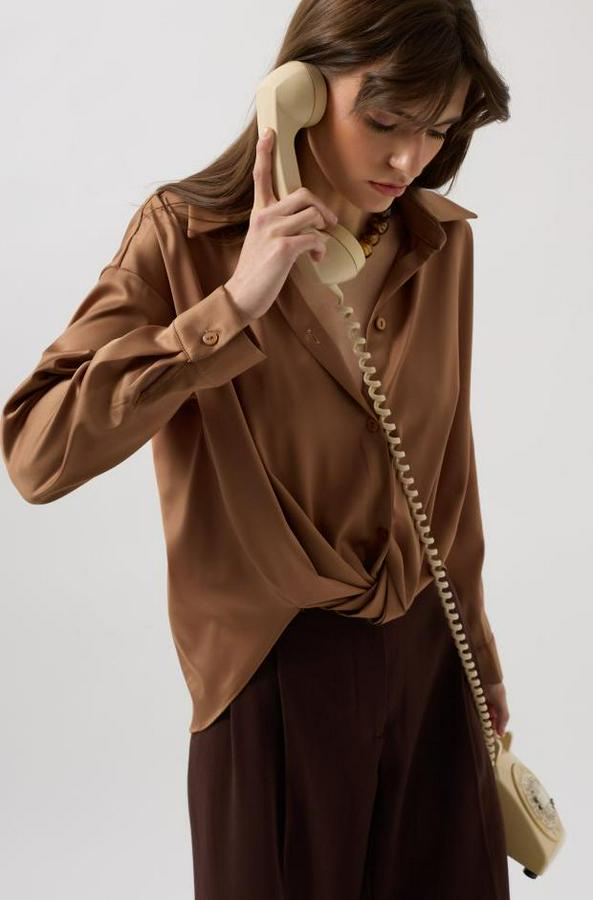 Bel Büzgülü Crop Saten Gömlek