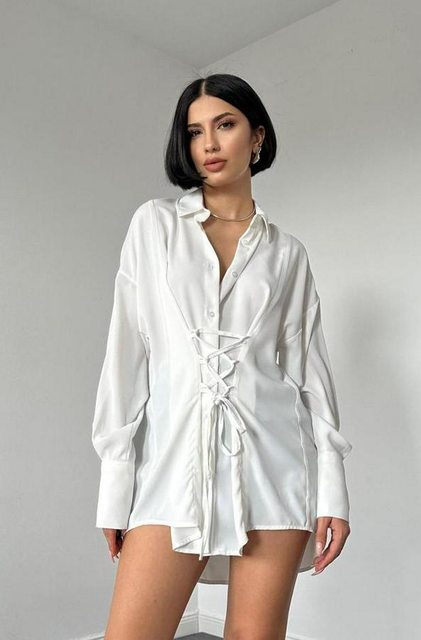 Beyaz Jesica Parçalı Bağcıklı Gömlek