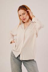 Cep Detay Çizgili Oversize Krem Gömlek