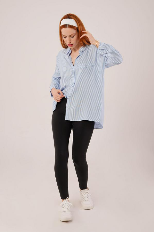 Cep Detay Çizgili Oversize Mavi Gömlek