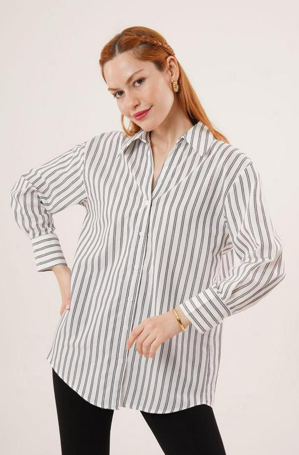 Çift Çizgi Geçişli Düğmeli Gri Gömlek