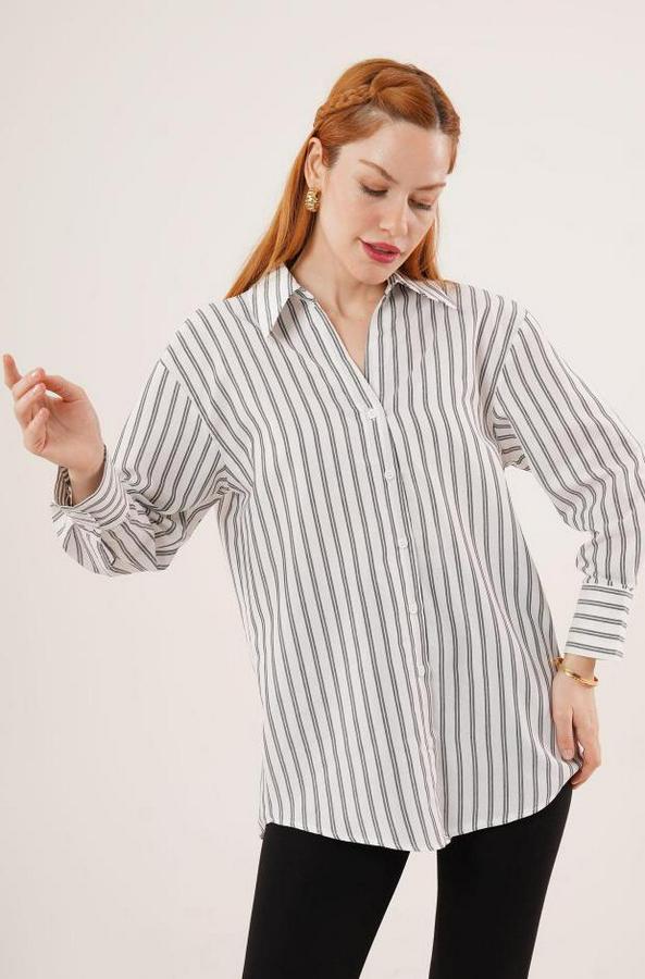 Çift Çizgi Geçişli Düğmeli Gri Gömlek