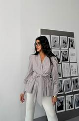 Çizgili Bağlama Detayli Kruvaze Poplin Gömlek