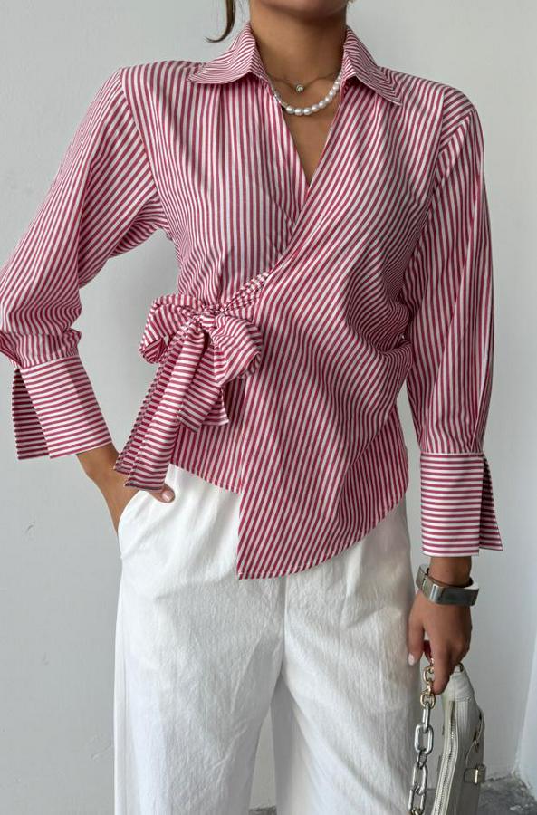 Çizgili Poplin Kruvaze Bağlamali Gömlek