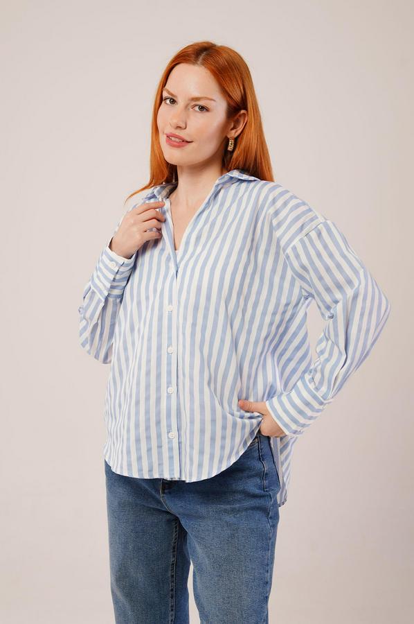 Çizgili Rahat Kesim Mavi Gömlek