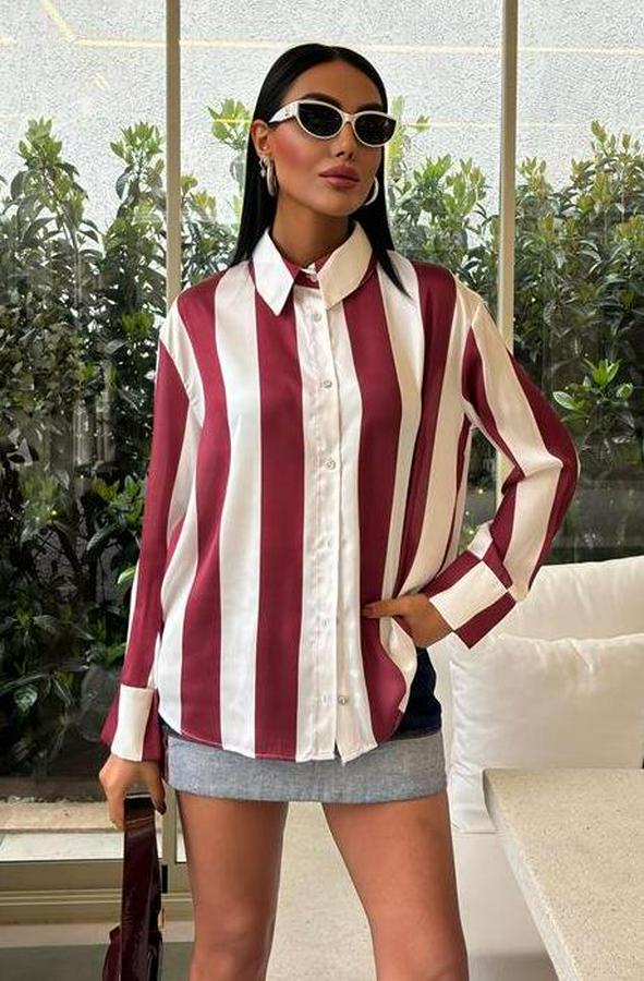 Çubuk Çizgili Şifon Saten Gömlek 3428