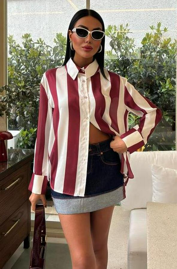 Çubuk Çizgili Şifon Saten Gömlek 3428