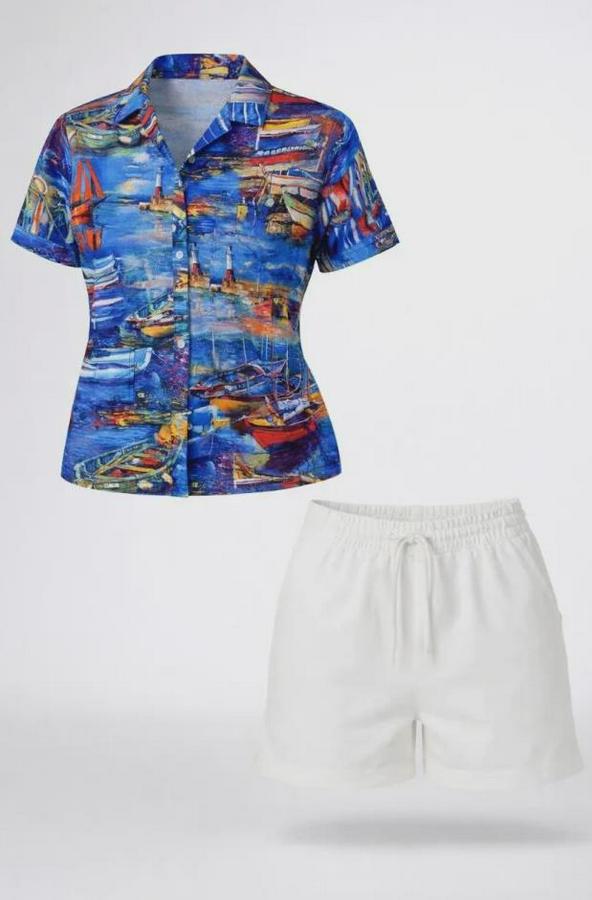 Deniz Temalı Desenli Kısa Kol Gömlek Şort Takım Yazlık Rahat Kalıp