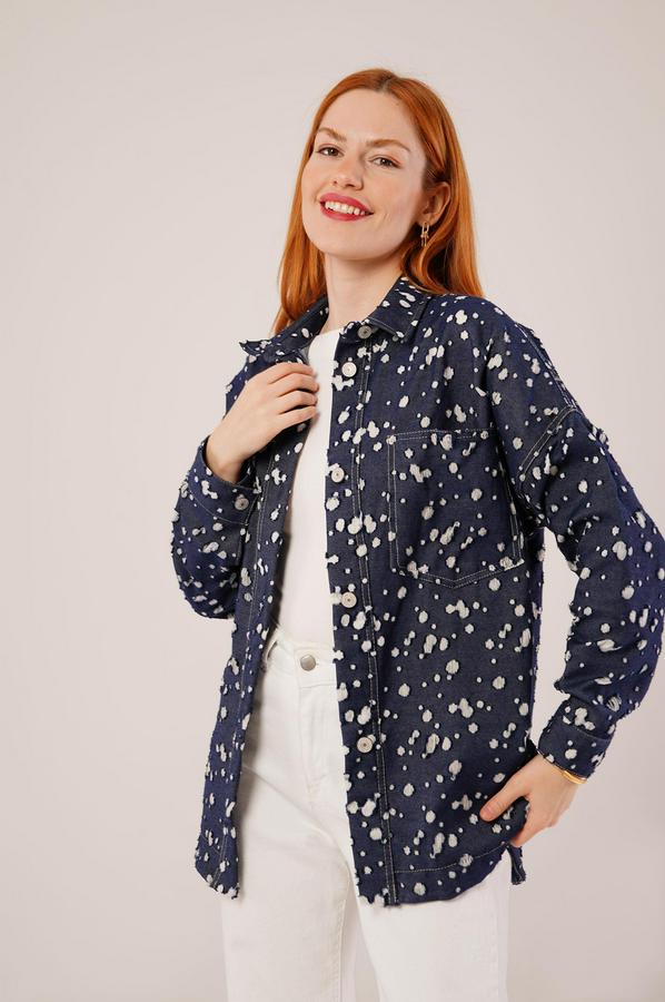 Eskitme Görünümlü Denim Mavi Gömlek