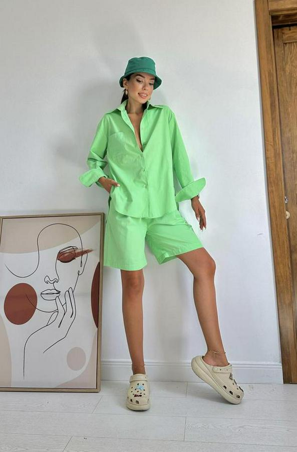 Fıstık Yeşili Önü Cepli Gömlek Ve Şort Takım