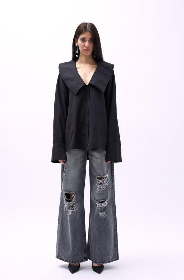 Geniş Yaka Volan Kol Gömlek