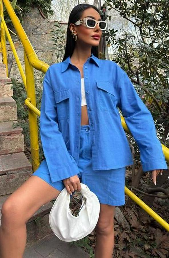 Gömlek Ve Şort Flamlı Keten Takım