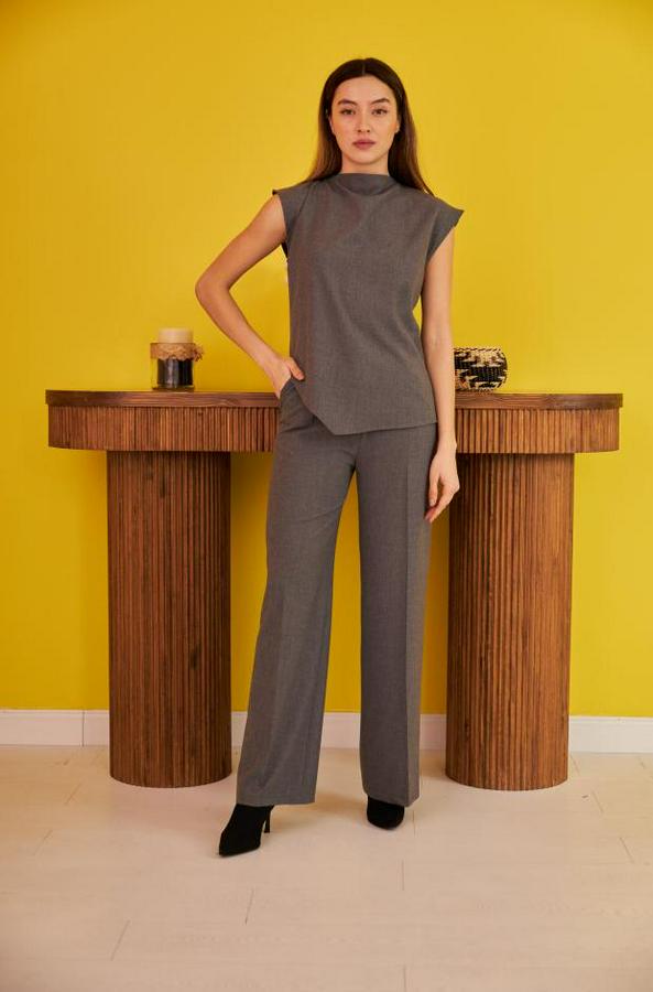 Gri Sıfır Kol Düğmeli Gömlek Takım