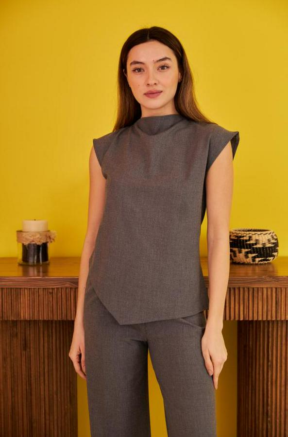 Gri Sıfır Kol Düğmeli Gömlek Takım