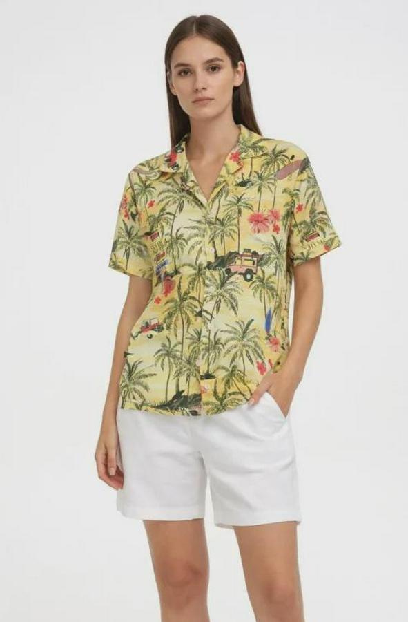 Gün Batımı Tropikal Desenli Kısa Kol Gömlek Şort Takım Yazlık Rahat Kalıp