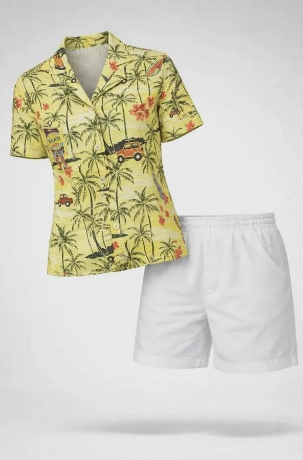 Gün Batımı Tropikal Desenli Kısa Kol Gömlek Şort Takım Yazlık Rahat Kalıp