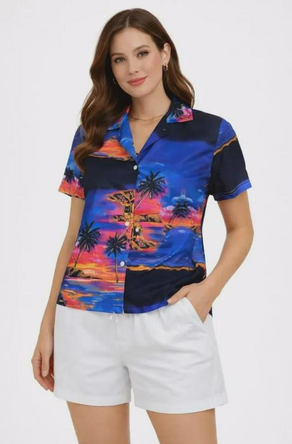 Gün Batımı Tropikal Desenli Kısa Kol Gömlek Şort Takım Yazlık Rahat Kalıp