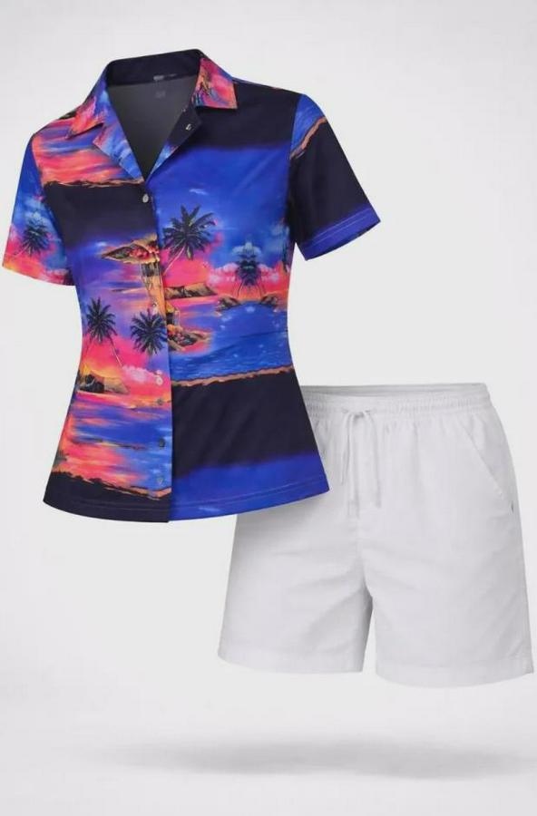 Gün Batımı Tropikal Desenli Kısa Kol Gömlek Şort Takım Yazlık Rahat Kalıp