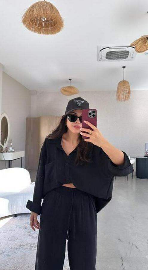 Flamlı Keten Tek Cep Oversızed Gömlek