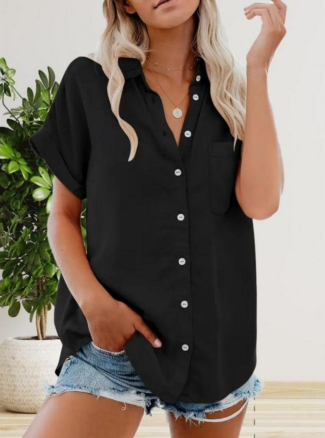 Kısa Kollu V Yakalı Önden Düğmeli Dokuma Gömlek