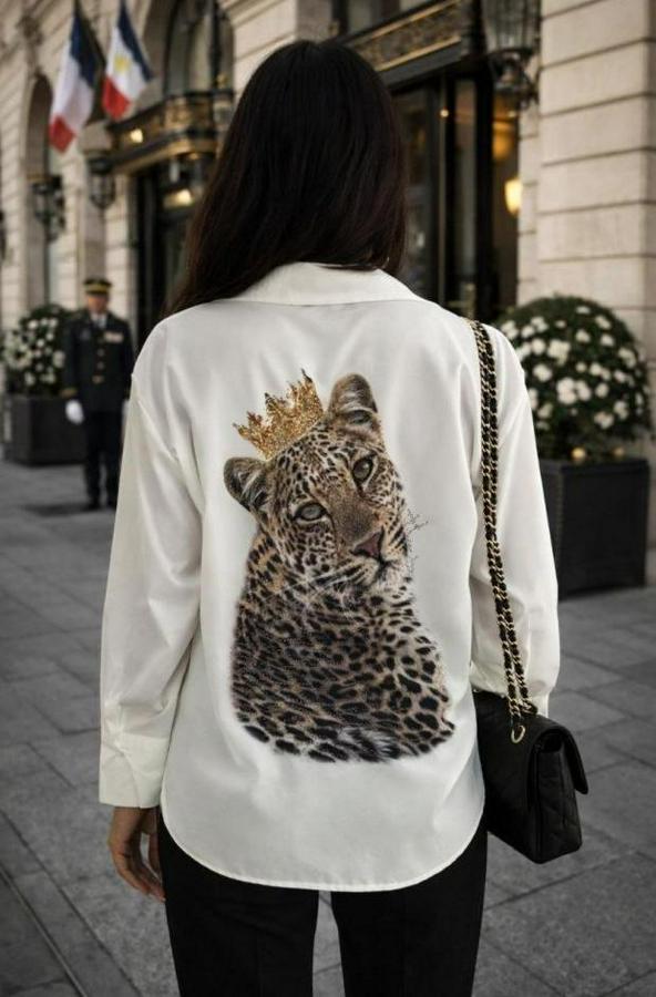 Leopar Baskılı Taş Işlemeli Jessica Kumaş Gömlek