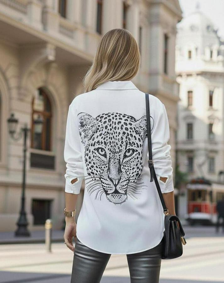 Leopar Baskılı Taş Işlemeli Jessica Kumaş Gömlek