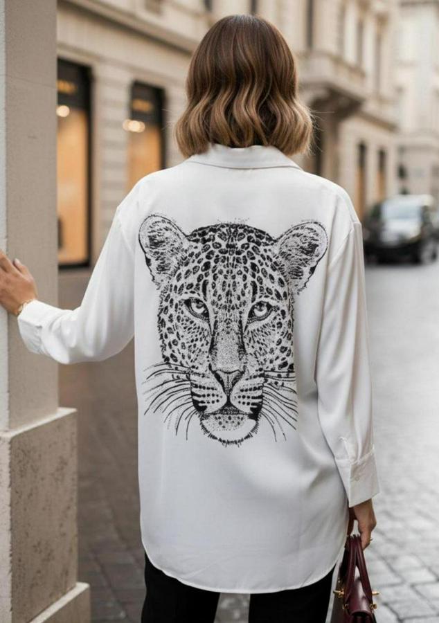 Leopar Baskılı Taş Işlemeli Jessica Kumaş Gömlek