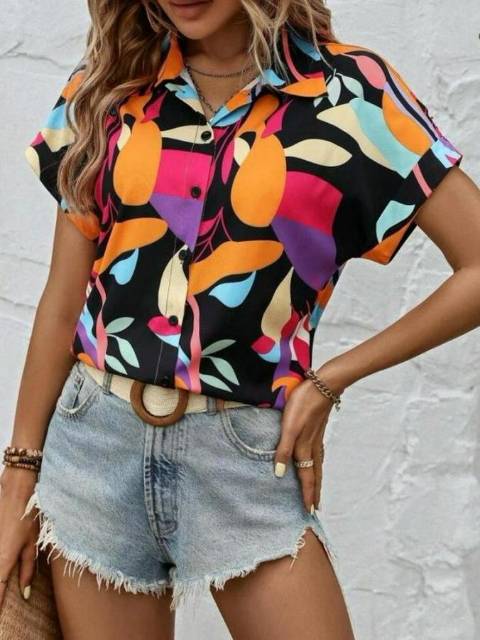 Moss Krep Kumaş Kısa Kol Çiçek Desenli Gömlek