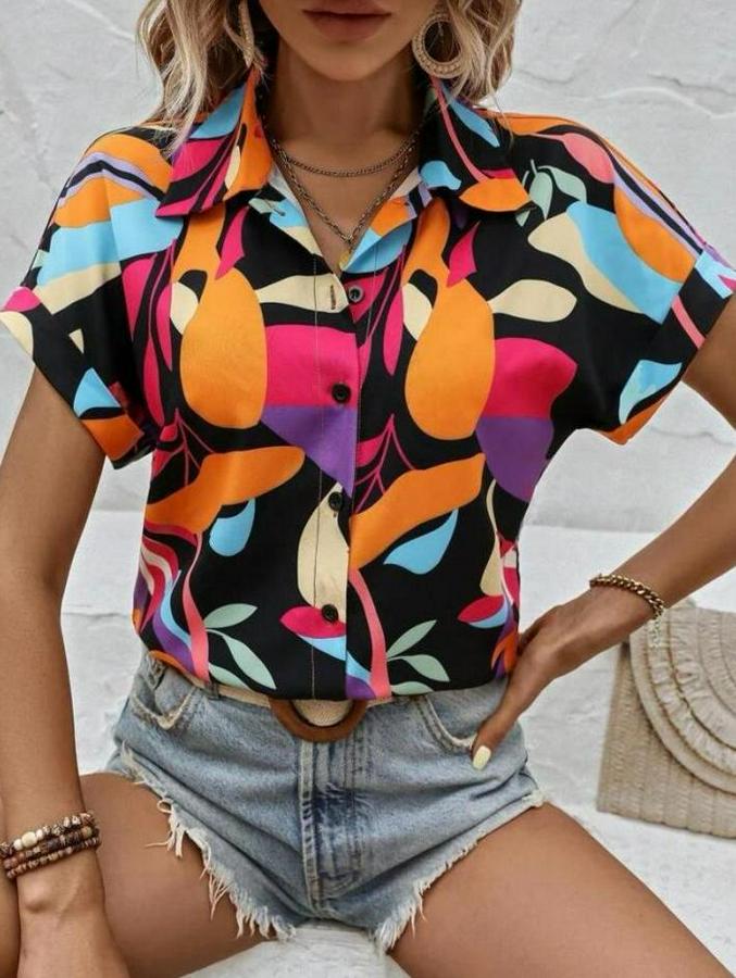 Moss Krep Kumaş Kısa Kol Çiçek Desenli Gömlek