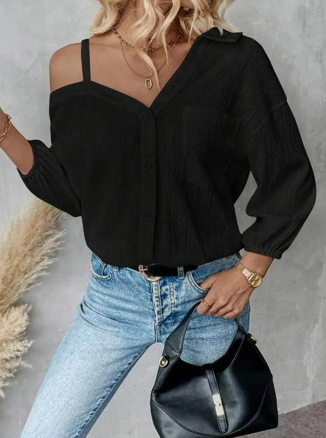 Tek Omuzdan Açık Askılı Uzun Kollu Yakalı Önden Düğmeli Gömlek