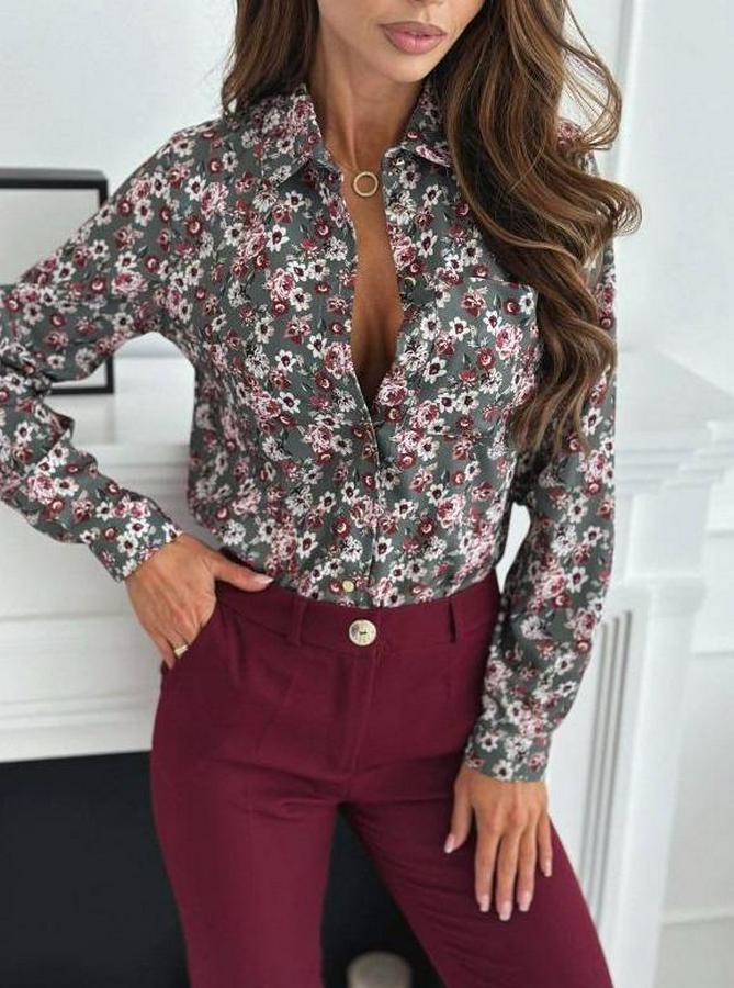 Uzun Kol Cep Detay Çiçek Baskılı Mosskrep Kumaş Gömlek